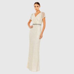 NWT Mac Duggal Beaded Short Sleeve Column Gown Nude Silver 2 #A0177